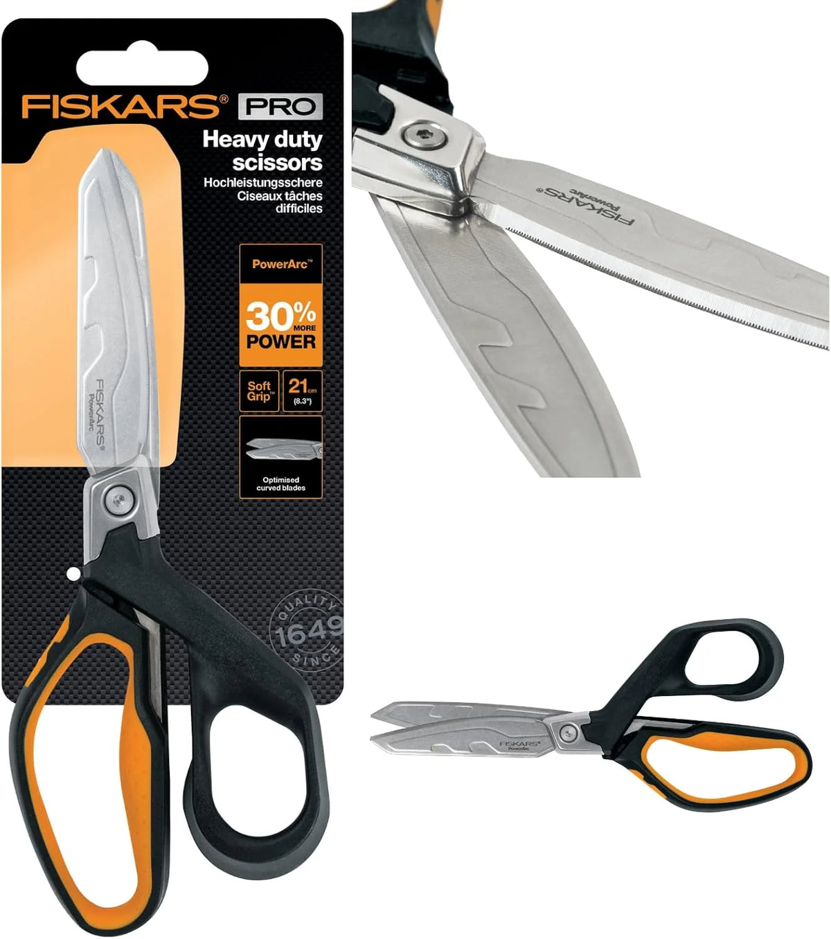 Fiskars PowerArc Heavy-Duty Scissors, Up to 30% More Power, Length 21cm, Durable Stainless Steel Blade/Plastic Handles, Black/Orange, 1027204