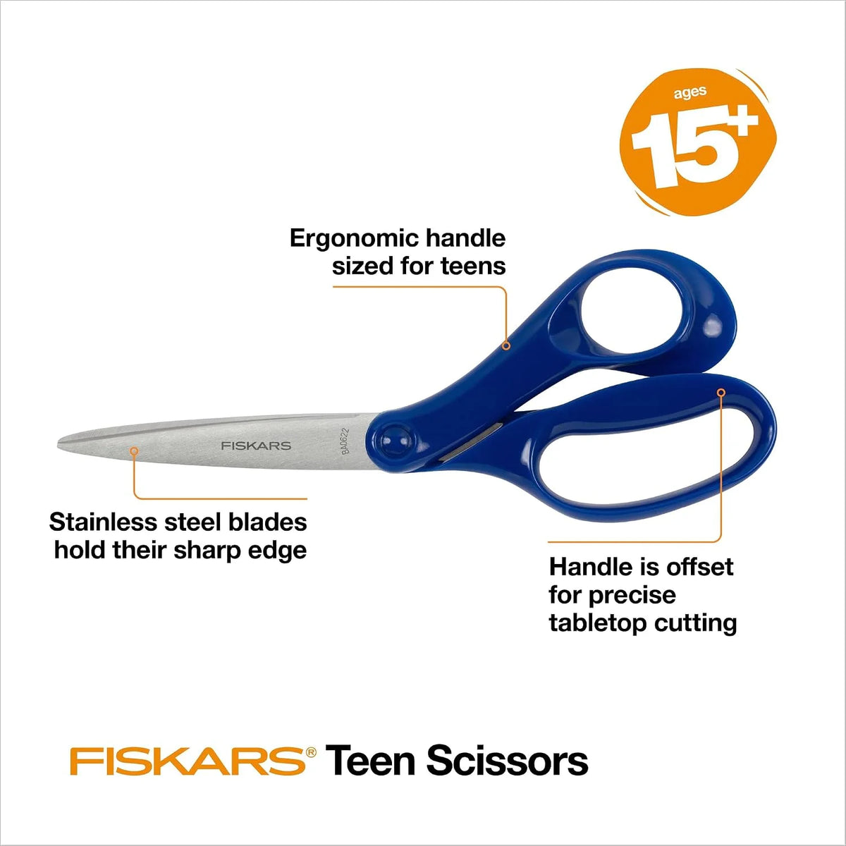 Fiskars 8" Teen Scissors, For Kids Ages 15+, Back to School Supplies, Blue