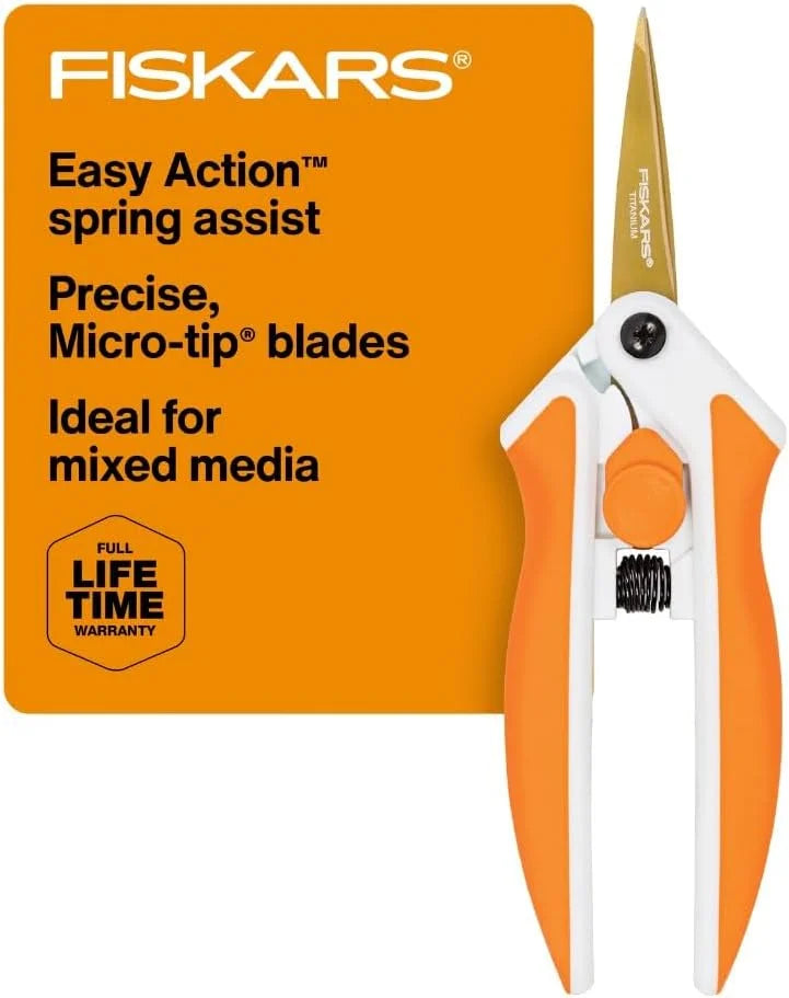 Fiskars Premier No. 5 Micro-Tip Easy Action Titanium Scissors - Stainless Steel Fabric and Mixed Media Scissors - Arts and Crafts - Orange