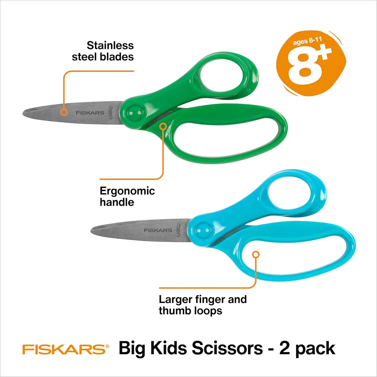 Fiskars 6" Big Kids Scissors for School, Ages 8+, Blue & Green, 2-Pack