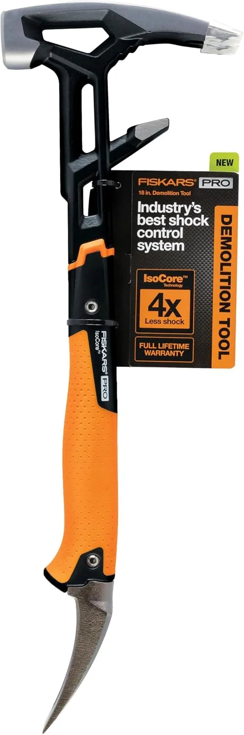 Fiskars Pro IsoCore 18" Wrecking Bar, Shock Absorbing Hammer & Crowbar