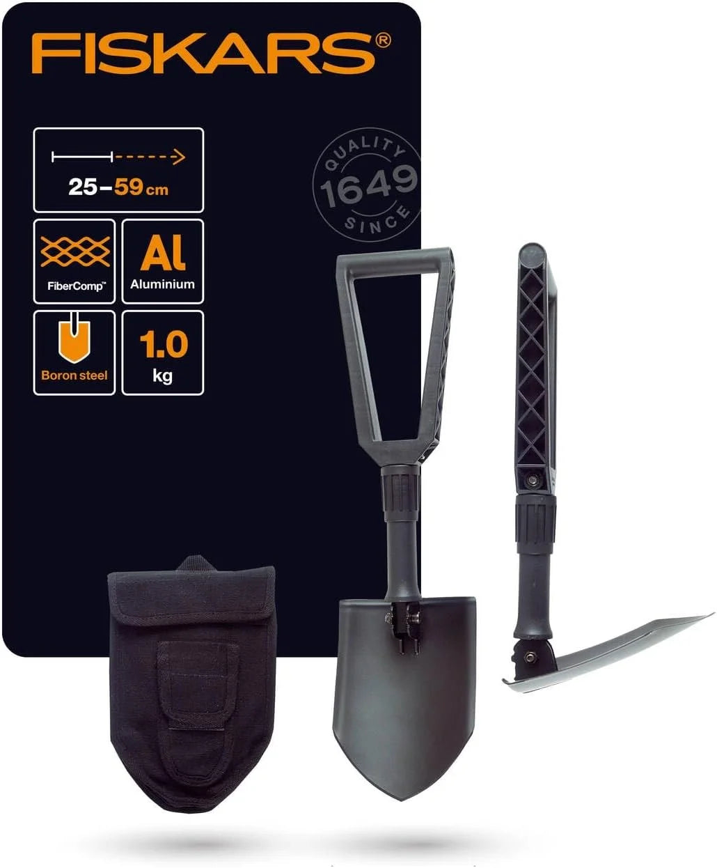 Fiskars Folding Spade for Campers and Mountaineers, Can Also be Used as Shovel and Pickaxe, with Canvas Bag, Length (Unfolded): 59 cm, Hardened Boron Steel, Black, 1000621