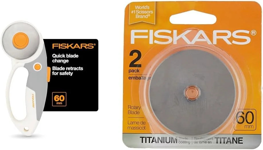 Fiskars 60mm Rotary Cutter Bundle - Titanium Rotary Cutter and 2 Replacement Blades - Craft Supplies for Sewing, Quilting, and Fabric Projects