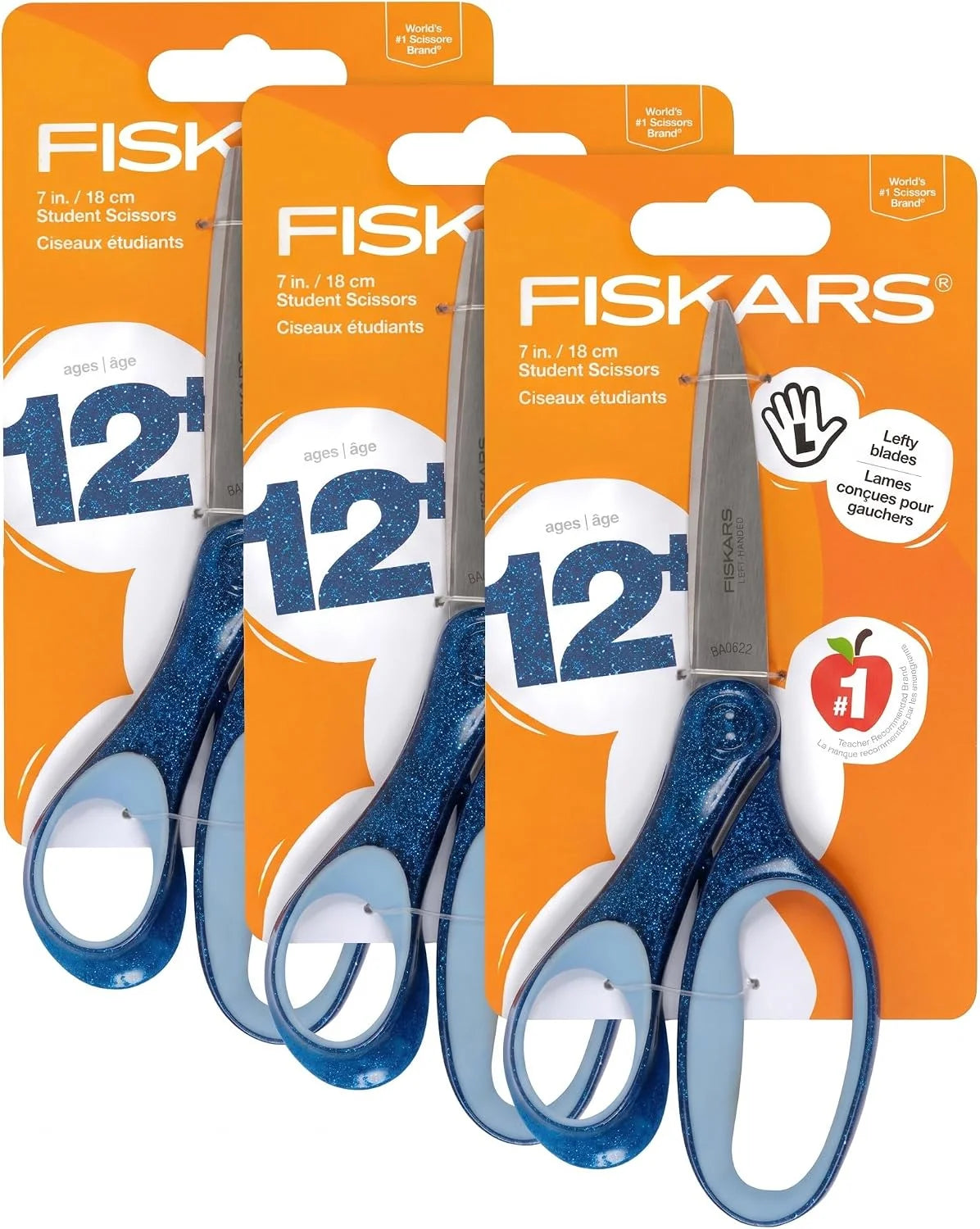 Fiskars 7" SoftGrip Left-Handed Student Glitter Scissors for Kids 12+ - Left-Handed Scissors for School or Crafting - Back to School Supplies - Blue Glitter (Pack of 3)