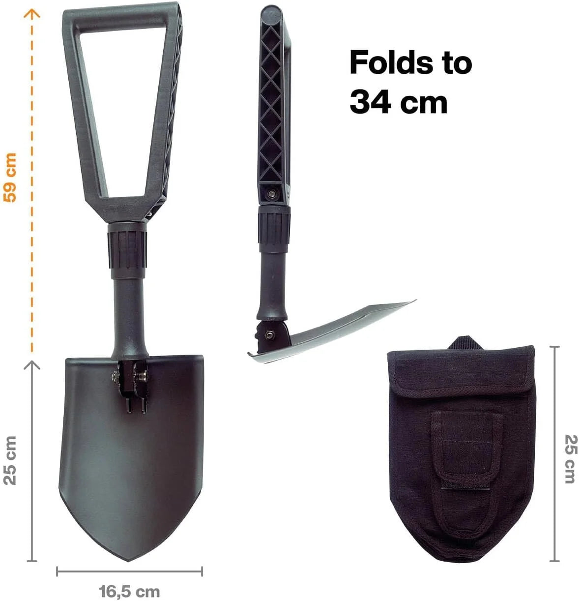 Fiskars Folding Spade for Campers and Mountaineers, Can Also be Used as Shovel and Pickaxe, with Canvas Bag, Length (Unfolded): 59 cm, Hardened Boron Steel, Black, 1000621