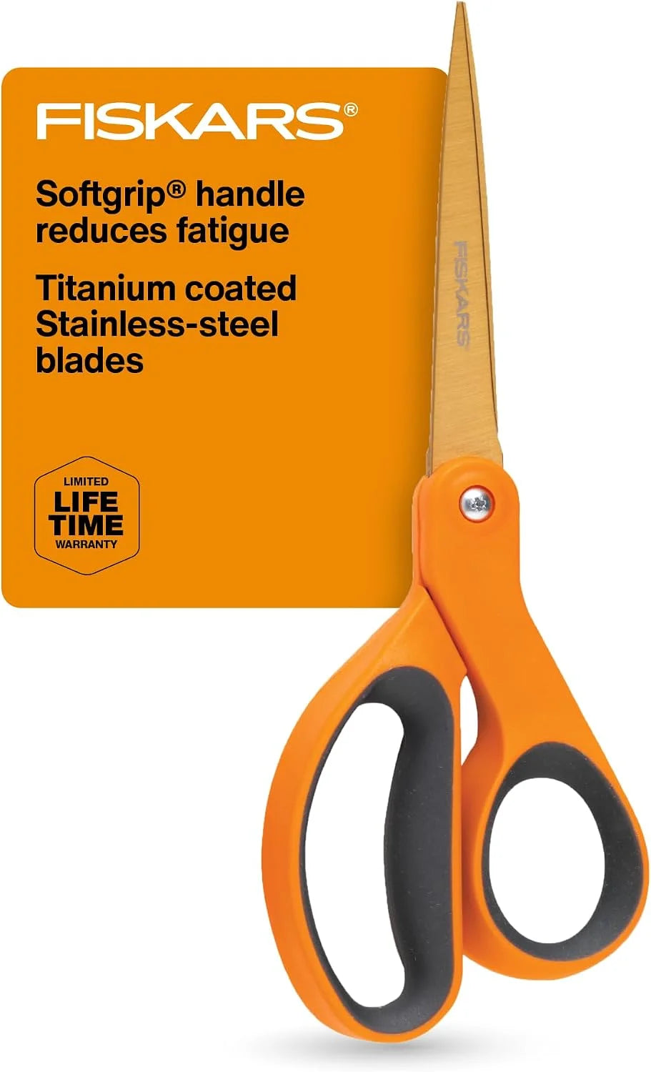 Fiskars SoftGrip Titanium Scissors All Purpose - 8" Straight Handle Scissors for Office, Arts, and Crafts - Orange