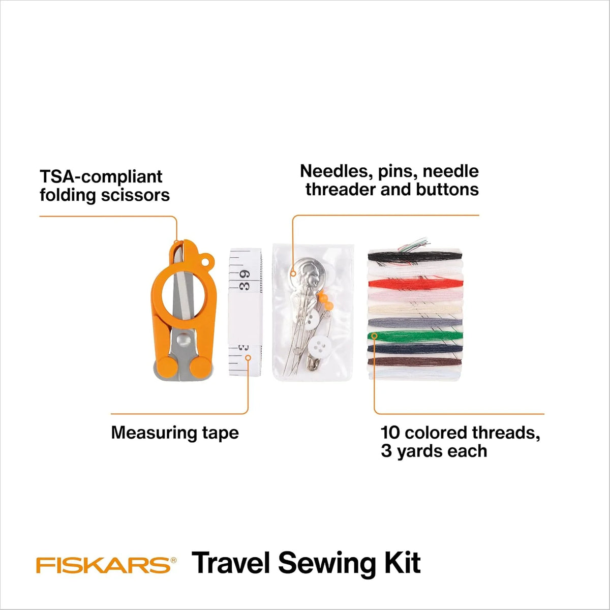 Fiskars 27-Piece Travel Sewing Kit, 39" Measuring Tape, Orange
