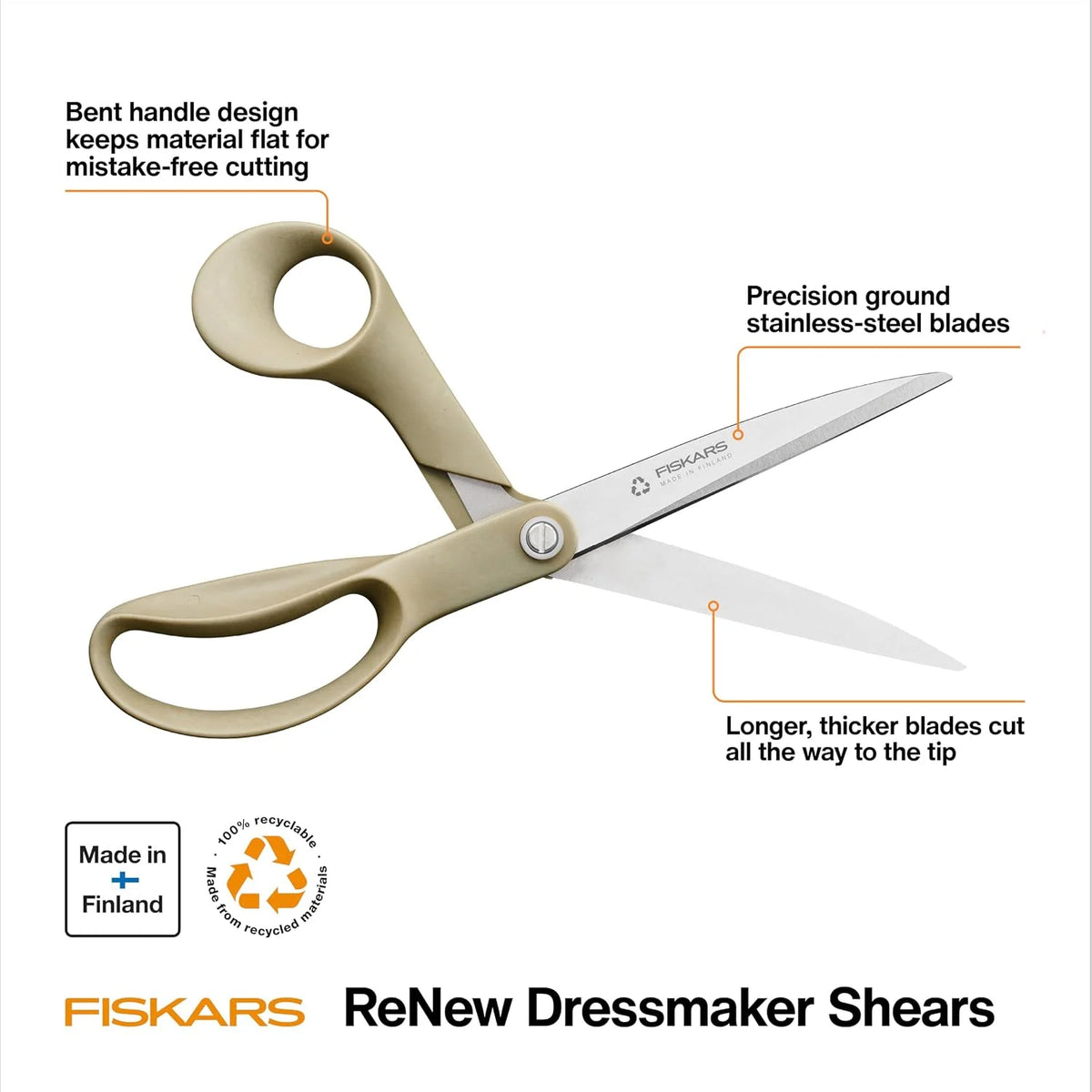 Fiskars 9" Recycled Fabric Scissors for Sewing, Sharp Craft Scissors, Beige
