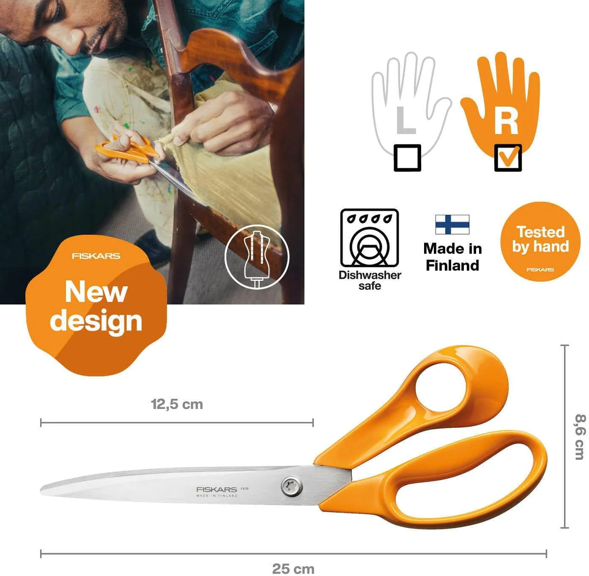 Fiskars Classic Large Universal Craft and Fabric Scissors, Right-Handed, Total Length: 25 cm, Improved Torx Screw and Ergonomic Handle, Quality Steel/Plastic, Orange, 1075038