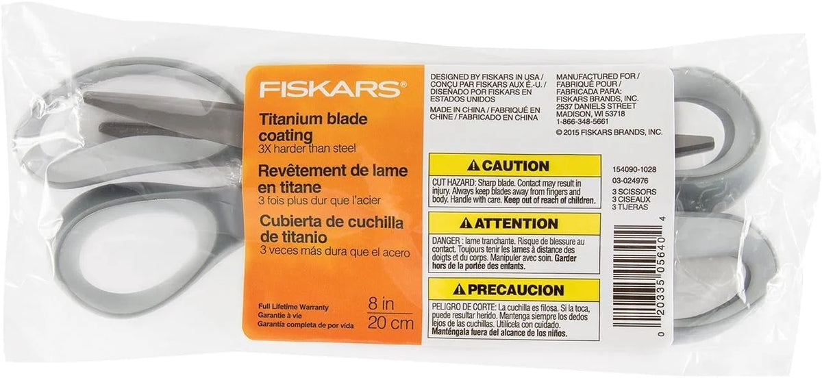 Fiskars 8 Inch Titanium Softgrip Scissors, Grey 3 Pack