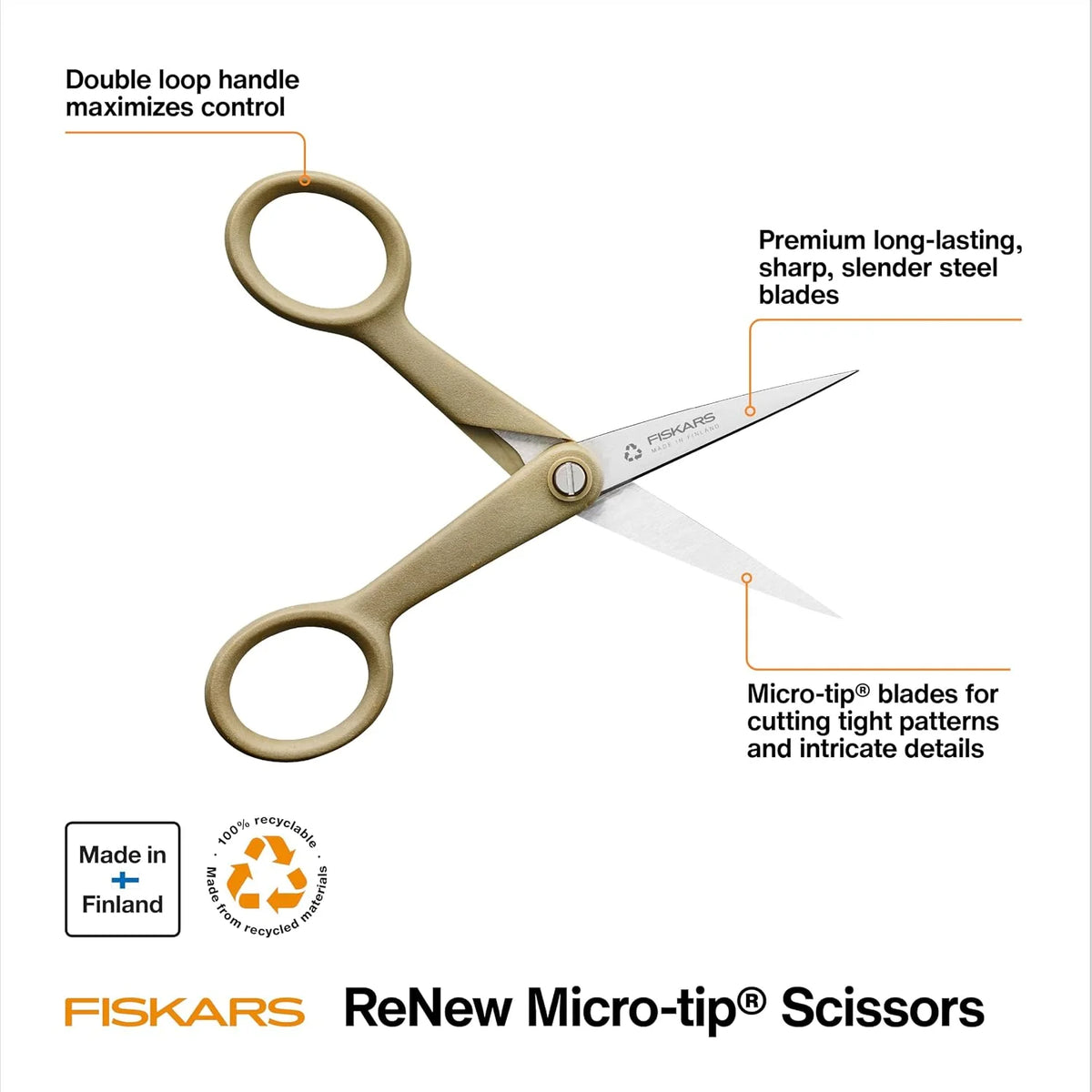 Fiskars 5" Recycled Micro-Tip Fabric Scissors, Detail Craft Scissors, Beige
