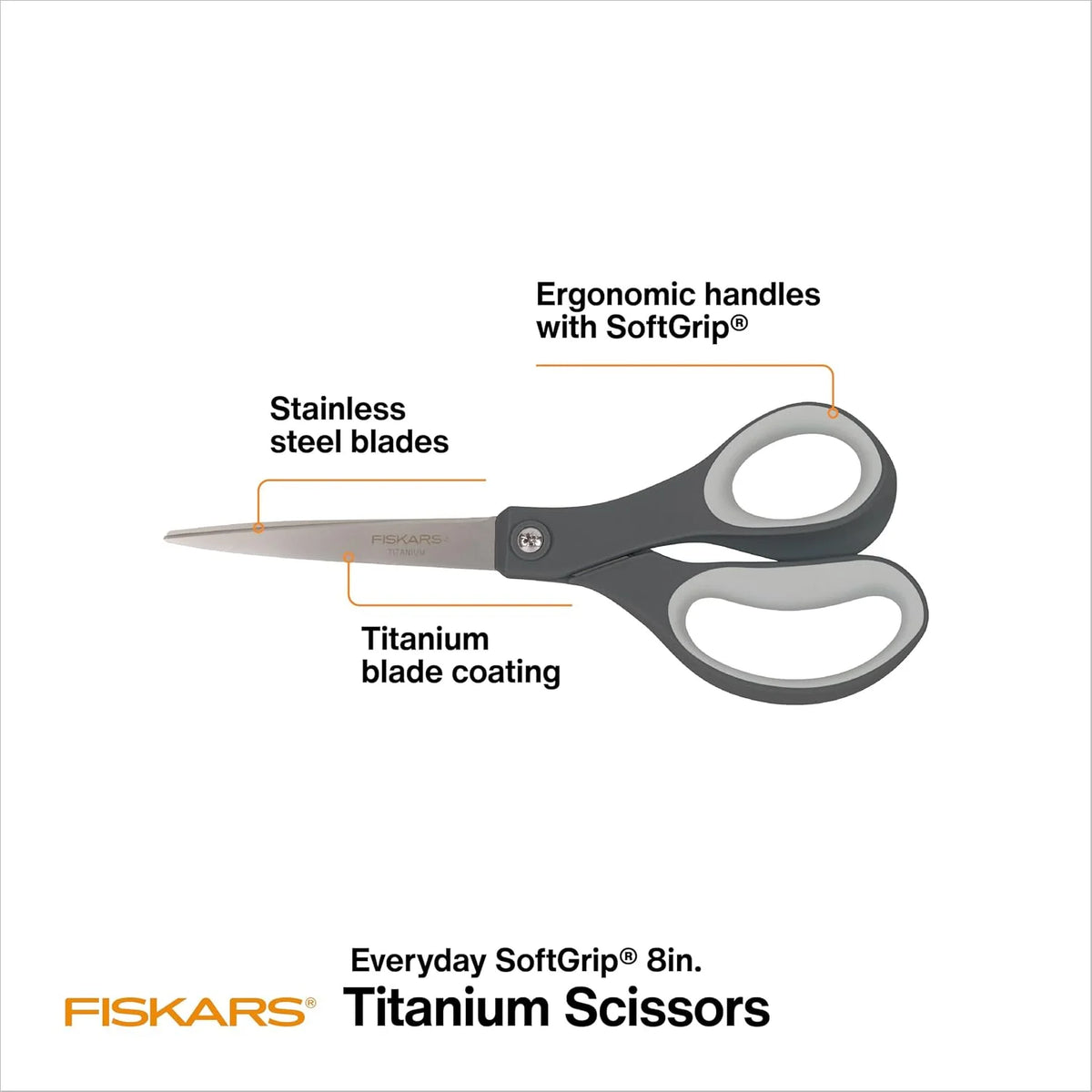 Fiskars 8" Everyday Titanium SoftGrip All Purpose Scissors for Office, Gray