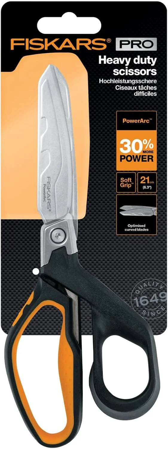 Fiskars PowerArc Heavy-Duty Scissors, Up to 30% More Power, Length 21cm, Durable Stainless Steel Blade/Plastic Handles, Black/Orange, 1027204